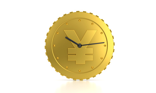 Yen sign clock in gold coin shape. Investment Time Concept.