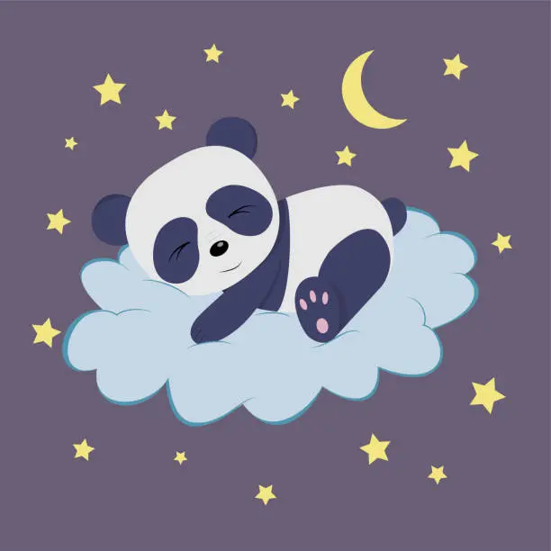 Vector illustration of A cartoon panda is sleeping on a cloud