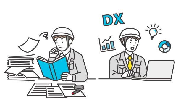 Vector illustration material of workers whose work has become more efficient with DX / architecture / IT / logistics / DX / consulting / set Vector illustration material of workers whose work has become more efficient with DX / architecture / IT / logistics / DX / consulting / set digital transformation factory stock illustrations