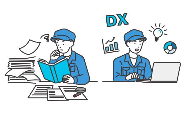 Vector illustration material of workers whose work has become more efficient with DX / architecture / IT / logistics / DX / consulting / set Vector illustration material of workers whose work has become more efficient with DX / architecture / IT / logistics / DX / consulting / set digital transformation factory stock illustrations