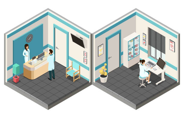 konzept des gesundheitswesens und der medizin. moderner medizinischer empfang mit interieur des arztkabinenbüros. praktikant rheumatologe, gastroenterologe oder allgemeinmediziner. isometrische 3d-vektorillustration - doctor domestic room cabinet cabinet member stock-grafiken, -clipart, -cartoons und -symbole