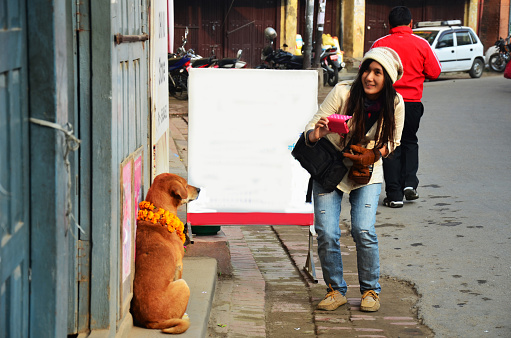 Travelers thai women people travel visit diwali festival of lights and take photo Kukkur Tihar or Kukur dogs nepalese dog are honoured celebrated from Nepalis people at Thamel city in Kathmandu, Nepal