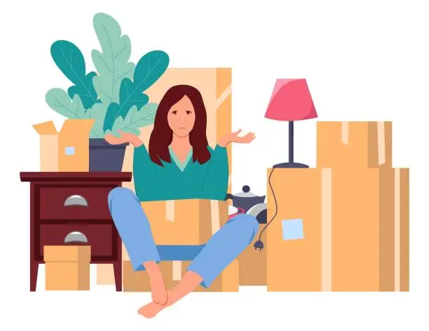 Vector illustration of Sad girl sits on a box and sadly spreads рук hands. Packaging boxes are standing nearby. Moving to a new house, collecting and packing things.