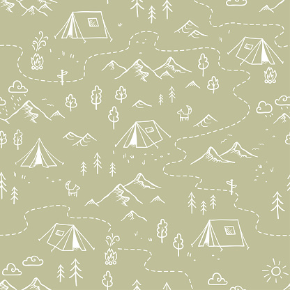 Cute hand drawn vector camping seamless pattern, great for textiles, banners, wallpapers - doodle tents, trees, mountains
