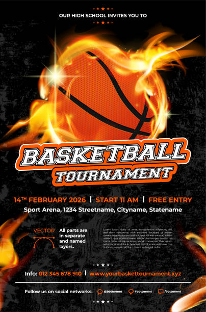 szablon plakatu turnieju koszykówki z piłką w ogniu - piłka do koszykówki stock illustrations