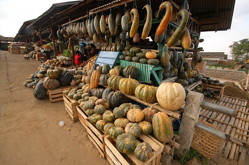Kiosk selling pumpkins and squashes in Kopeng village, Semarang, Central Java, Indonesia.