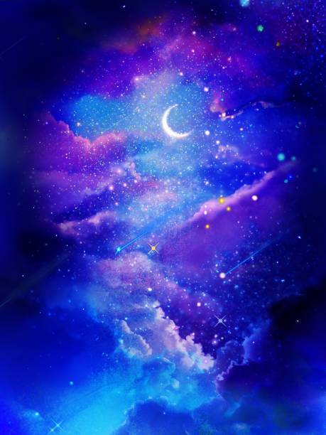 istock Fantastic illustration of a crescent moon shining in colorful space and a beautiful rainbow sea of clouds and stars 1418174680
