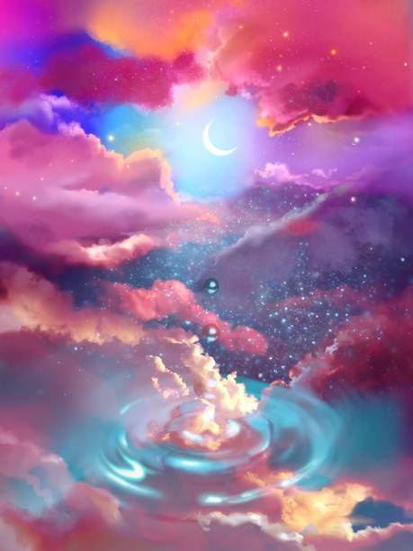 istock Fantastic illustration of a crescent moon shining in colorful space and a beautiful rainbow sea of clouds and stars 1418174705