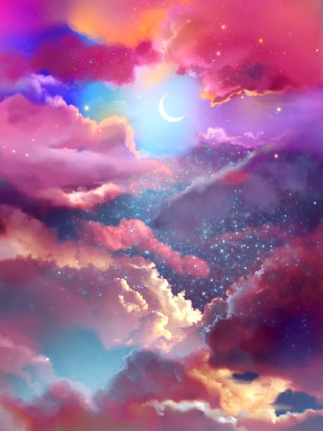 istock Fantastic illustration of a crescent moon shining in colorful space and a beautiful rainbow sea of clouds and stars 1418174709