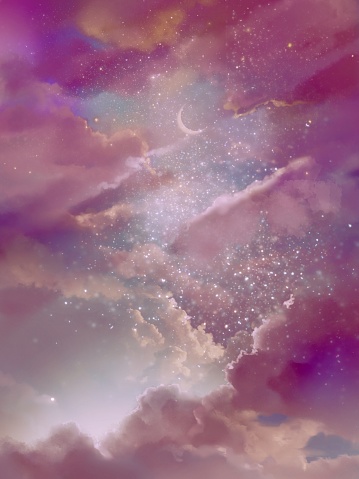 Fantastic illustration of a crescent moon shining in colorful space and a beautiful rainbow sea of clouds and stars