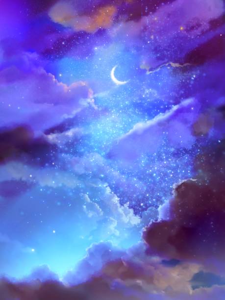 istock Fantastic illustration of a crescent moon shining in colorful space and a beautiful rainbow sea of clouds and stars 1418174734