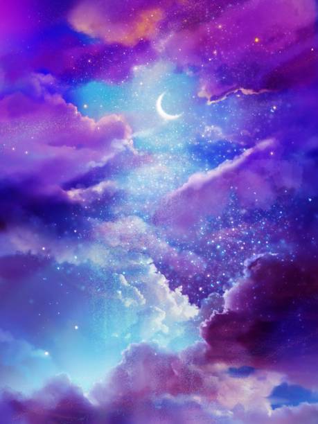 istock Fantastic illustration of a crescent moon shining in colorful space and a beautiful rainbow sea of clouds and stars 1418174760