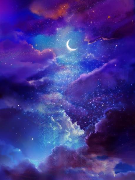 fantastyczna ilustracja półksiężyca świecącego w kolorowej przestrzeni i pięknego tęczowego morza chmur i gwiazd - fantasy sunbeam backgrounds summer stock illustrations