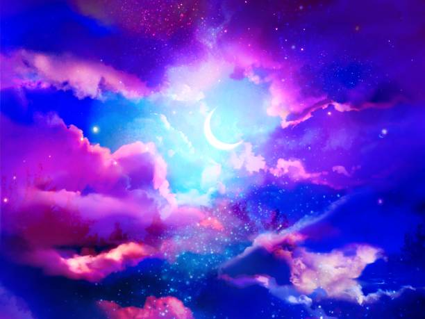 istock Fantastic illustration of a crescent moon shining in colorful space and a beautiful rainbow sea of clouds and stars 1418174780