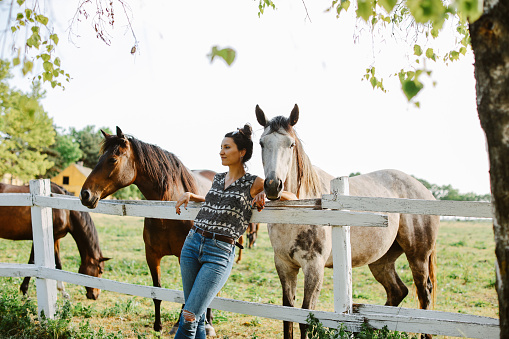 Young woman spending time with her horses, on a bright and beautiful summertime day.