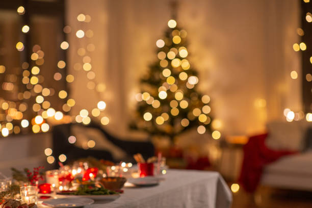 blurred table serving for christmas party at home