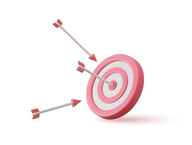 ilustraciones, imágenes clip art, dibujos animados e iconos de stock de la flecha 3d golpea el centro del objetivo - target arrow bulls eye skill