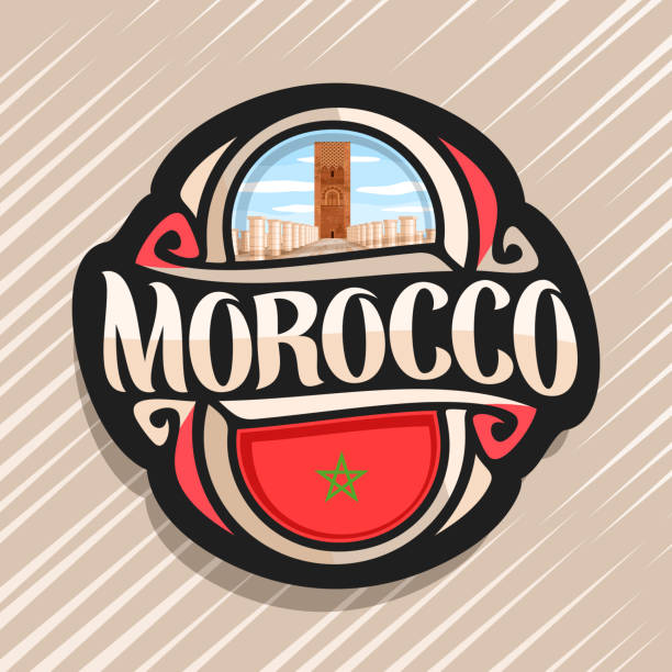 Vector logo for Morocco Vector logo for Morocco country, fridge magnet with moroccan state flag, original brush typeface for word morocco and national moroccan symbol - Hassan tower in Rabat on blue cloudy sky background. marrakech stock illustrations