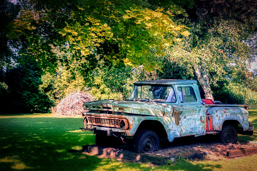 An old pickup truck, in disrepair, sits on the roadside near Manitowoc, Wisconsin.