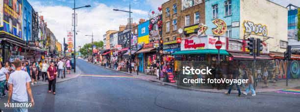 London Camden High Street Crowds Tourists Shopping Colourful Stores Panorama Stock Photo - Download Image Now