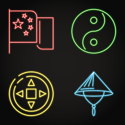 Chinese national symbols neon icon set. Flag of China, yin yang, coin and bamboo hat. Vector illustration.