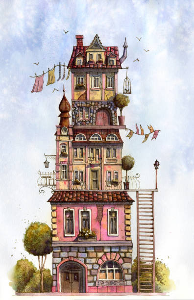 duży dom z drzewami, latarnią, klatką dla ptaków, schodami, drzwiami i oknami. ręcznie rysowany pióro atramentowe i ilustracja akwarelowa. - castle fairy tale palace forest stock illustrations