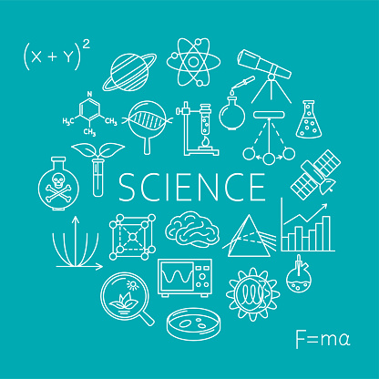 Science round poster in line style. Banner with scientific elements and formulas. Vector illustration.