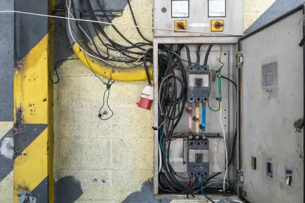 Photo of Dangerous three-phase 220v electric breaker steel cabinet. The wiring is not neat, the power connection box is attached to the external cement wall.