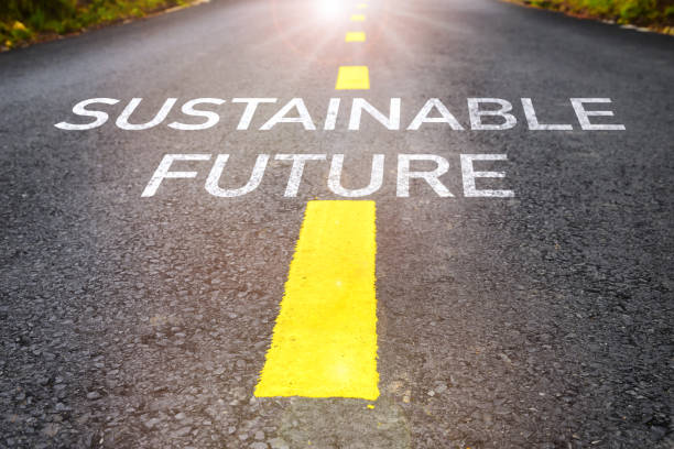 istock Sustainable future word on asphalt road surface with marking lines 1418183504