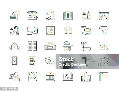 istock CITY ELEMENTS Related Vector Thin Line Icons. Outline Symbol Collection 1418184889