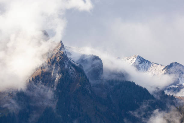 туманные горы в швейцарских альпах, гриндельвальд, швейцария - grindelwald european alps blue sky стоковые фото и изображения