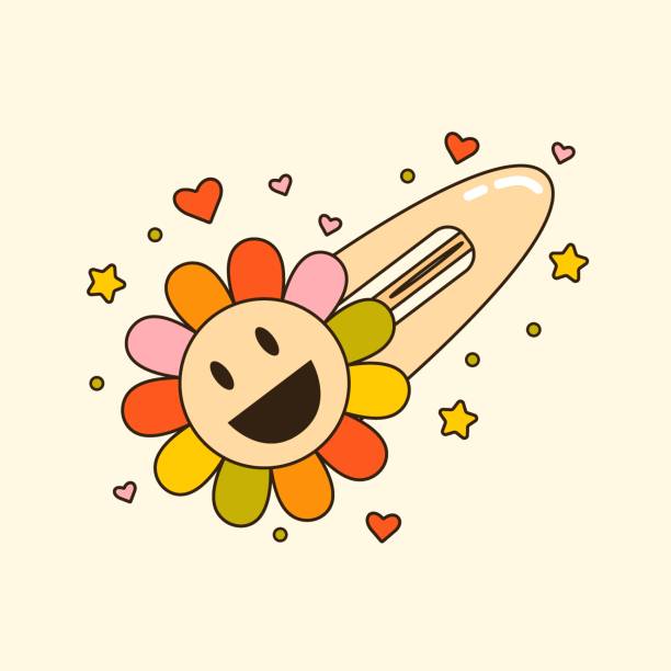 Print Vector illustration of cute y2k 90s daisy hair clip. Cartoon barrette accessory for girls with smiling face. Adorable flower hairpin. Trendy oldschool icon 21st century style stock illustrations