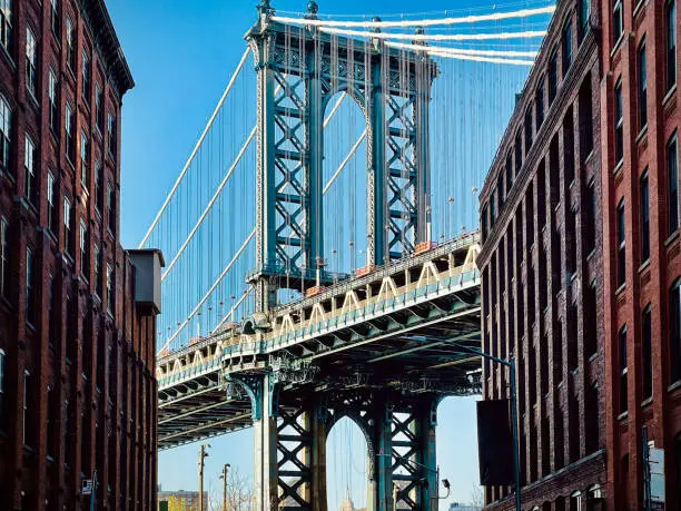 Manhattan Bridge. Shot taken from the Dumbo side, between buildings. New York, USA