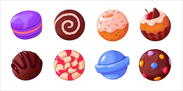 Candies and cakes game icons cartoon vector set. user interface elements