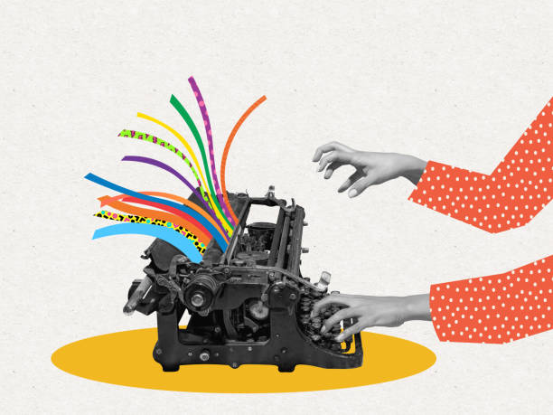 istock Pop art collage. Female hand typing on retro typewriter. Vintage, retro 80s, 70s style. Bright colors. 1418191050
