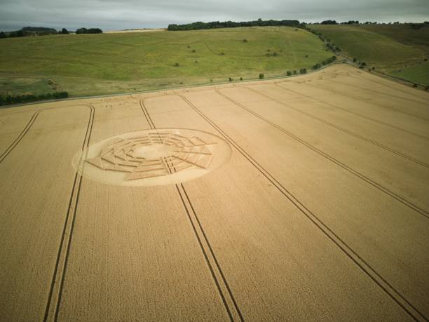 Aerial view of crop circles in a vast agricultural field in the countryside of Wiltshire, England An aerial view of crop circles in a vast agricultural field in the countryside of Wiltshire, England crop circle stock pictures, royalty-free photos & images