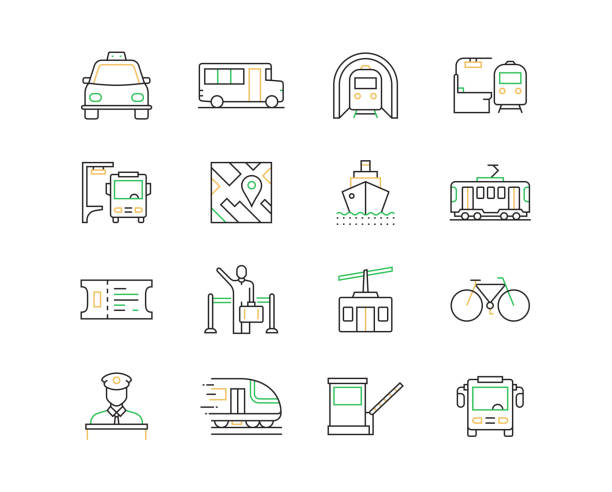 PUBLIC TRANSPORT Related Vector Line Icons. Outline Symbol Collection PUBLIC TRANSPORT Related Vector Line Icons. Outline Symbol Collection ferry passenger stock illustrations