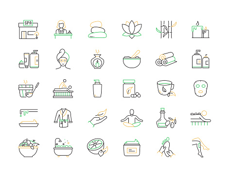 SPA ELEMENTS Related Vector Line Icons. Outline Symbol Collection