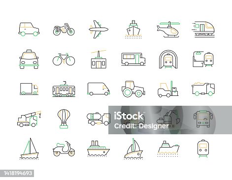 istock VEHICLES AND TRANSPORT Related Vector Line Icons. Outline Symbol Collection 1418194693