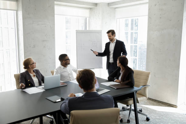 istock Happy professional business trainer giving educational presentation. 1418194800