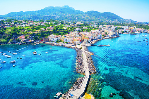 Aerial view of Ischia island, at the Gulf of Naples, Italy. Composite photo