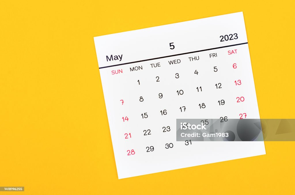 The May 2023 Monthly calendar for 2023 year on yellow background. May 2023 Monthly calendar for 2023 year on yellow background. 2023 Stock Photo