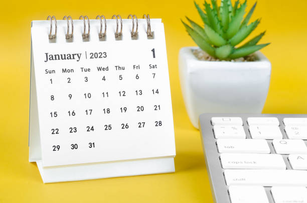 istock The January 2023 desk calendar and computer keyboard on yellow background. 1418196262