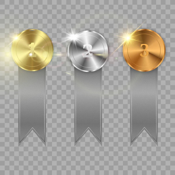 Set of gold, bronze and silver. Winner award competition, prize medal and banner for text. Award medals isolated on transparent background. Vector illustration of winner concept. Set of gold, bronze and silver. Winner award competition, prize medal and banner for text. Award medals isolated on transparent background. Vector illustration of winner concept. silver medal stock illustrations