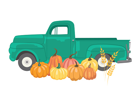 Vintage truck and autumn pumpkins on a transparent background you can put this onto any color base)