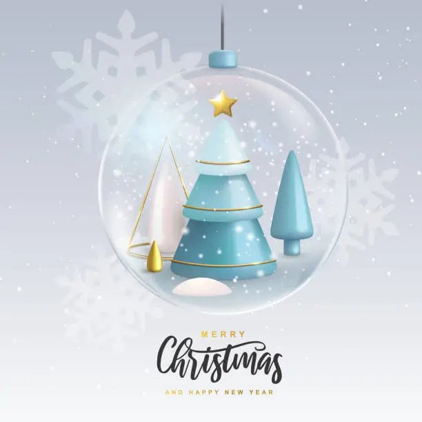 Vector illustration of Christmas holiday background with realistic 3D plastic Christmas trees. Merry Christmas and Happy new Year greeting card. Vector illustration