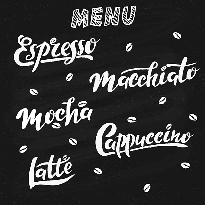 Coffee menu on chalkboard. Lettering set for cafe shop design. Modern coffee calligraphy cappuccino macchiato mocha latte espresso. Hand drawn vector illustration for cafe shop restaurant. Banner card