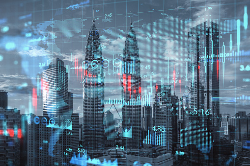 Creative growing financial forex chart graph and map hologram on blurry city backdrop. Market, stock and trading concept. Double exposure