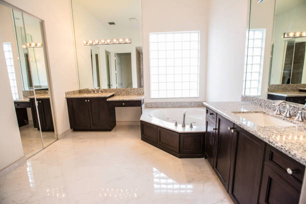 baño principal en vivienda de nueva construcción - masterbath fotografías e imágenes de stock