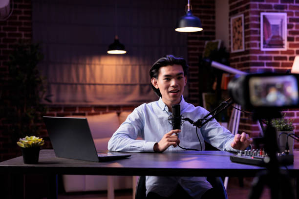 istock Male blogger broadcasting talk show 1418208816